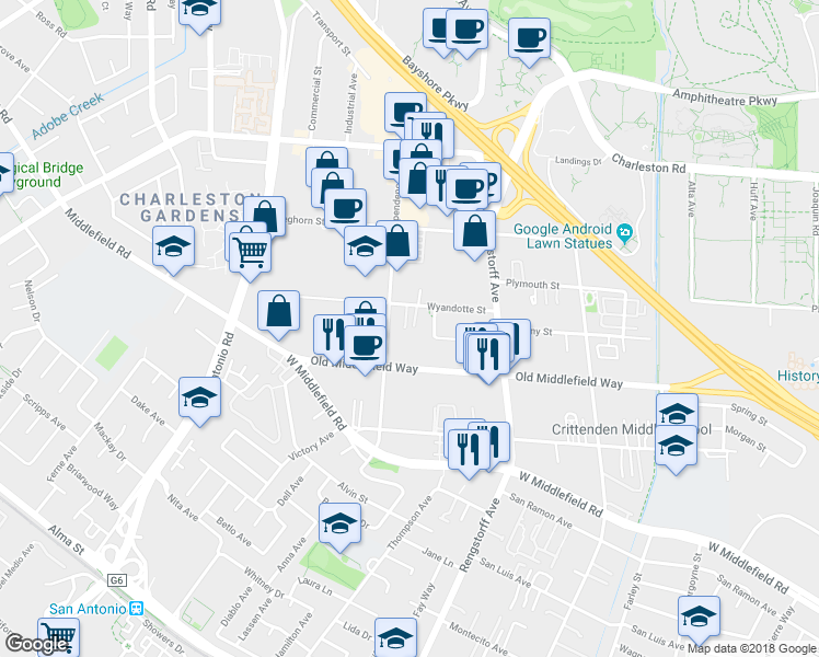 map of restaurants, bars, coffee shops, grocery stores, and more near 819 Warner Court in Mountain View