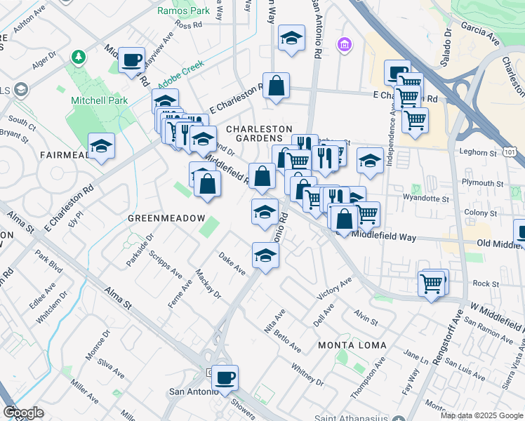 map of restaurants, bars, coffee shops, grocery stores, and more near 2 Byron Street in Palo Alto