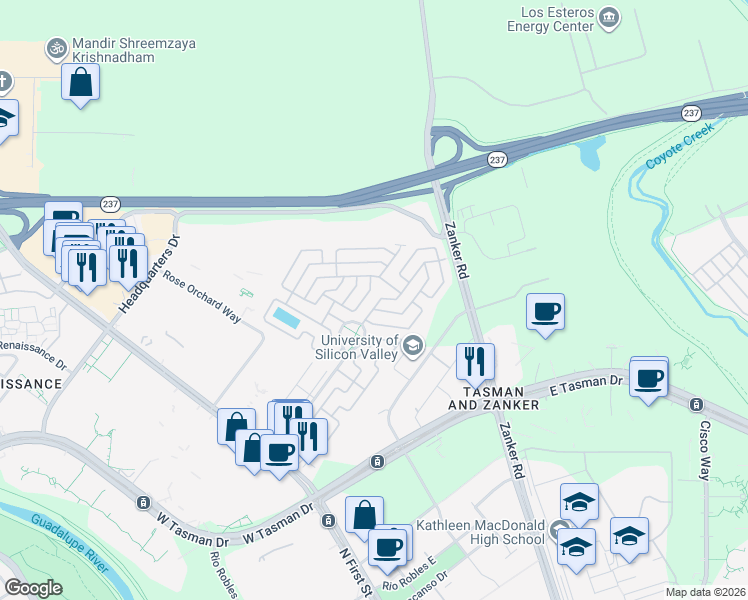 map of restaurants, bars, coffee shops, grocery stores, and more near 874 Spindrift Avenue in San Jose