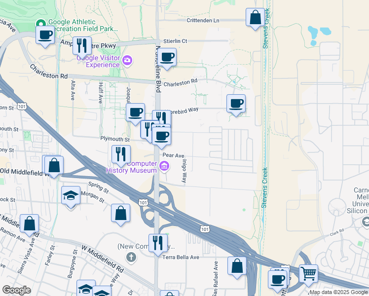 map of restaurants, bars, coffee shops, grocery stores, and more near 1288 Pear Ave in Mountain View