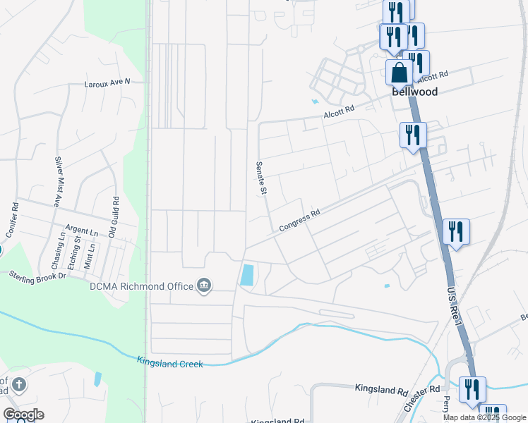 map of restaurants, bars, coffee shops, grocery stores, and more near 7816 Senate Street in Richmond