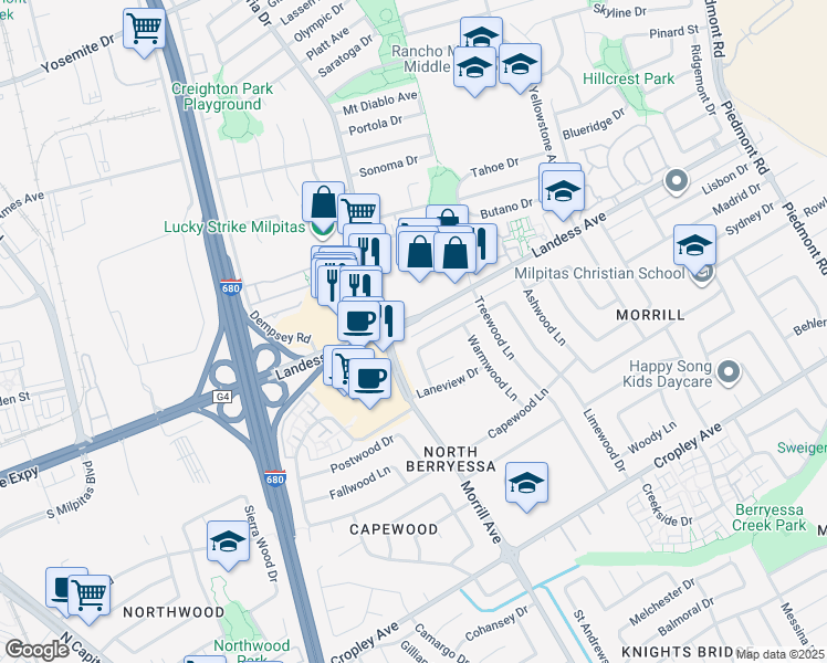 map of restaurants, bars, coffee shops, grocery stores, and more near 3127 Drywood Lane in San Jose