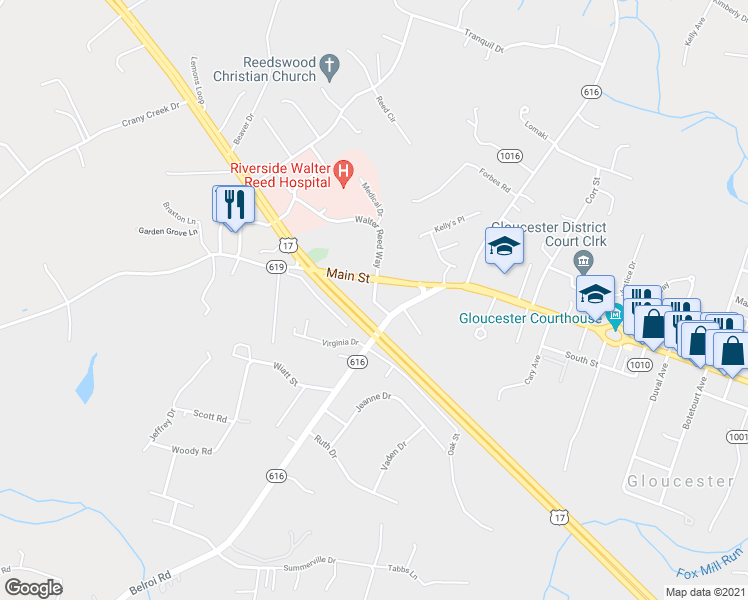 map of restaurants, bars, coffee shops, grocery stores, and more near 7392 Morgan Road in Gloucester Courthouse