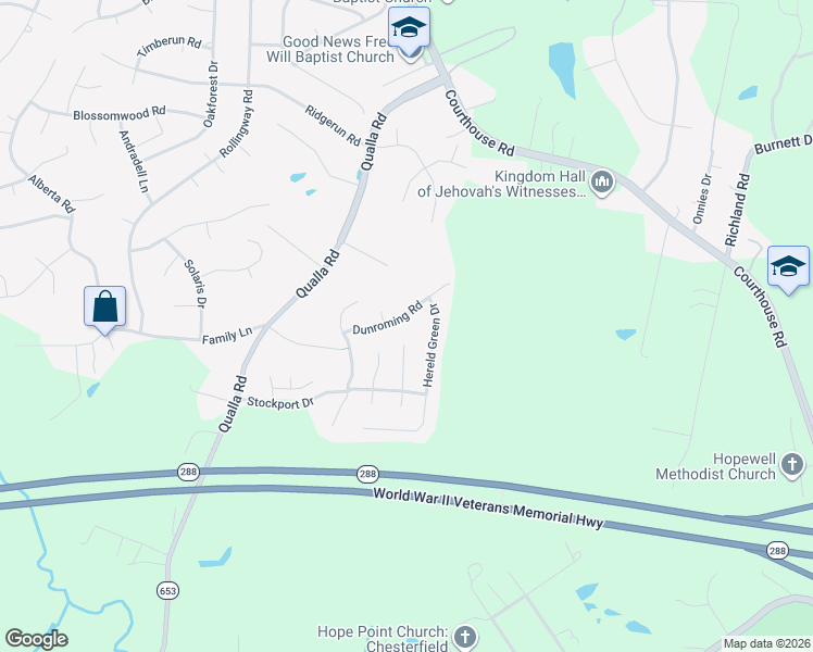 map of restaurants, bars, coffee shops, grocery stores, and more near 9525 Dunroming Road in Chesterfield
