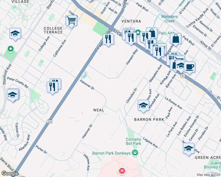 map of restaurants, bars, coffee shops, grocery stores, and more near 3140 Hansen Way in Palo Alto
