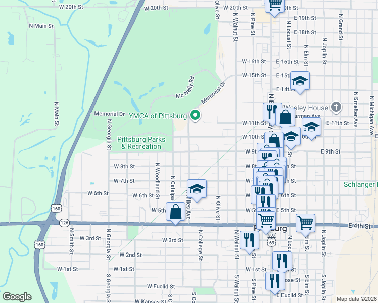 map of restaurants, bars, coffee shops, grocery stores, and more near 499 West 9th Street in Pittsburg