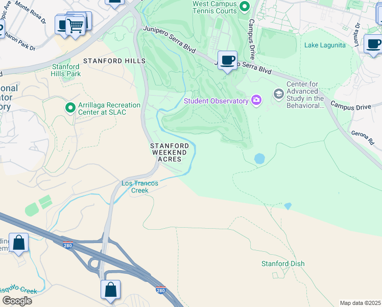 map of restaurants, bars, coffee shops, grocery stores, and more near 30 Bishop Oak Court in Menlo Park