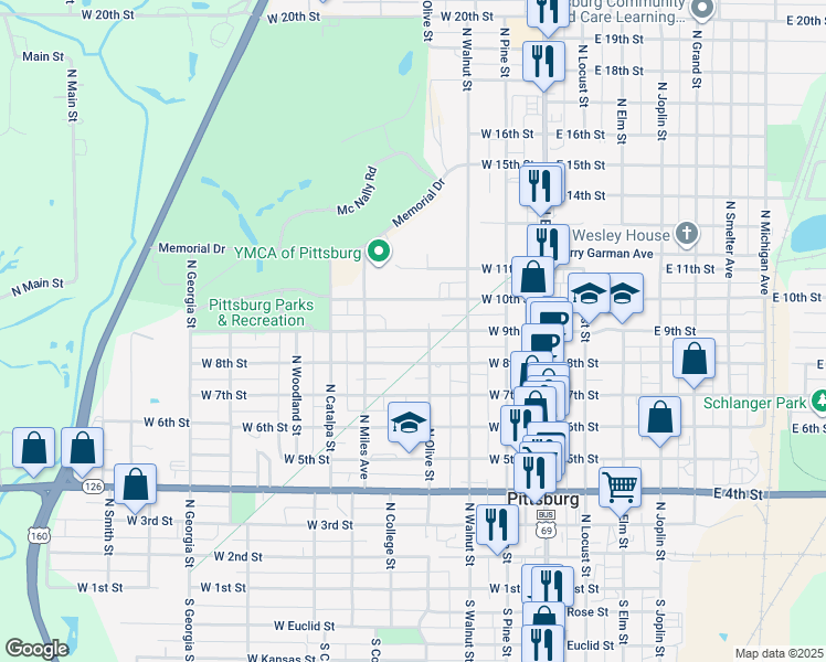 map of restaurants, bars, coffee shops, grocery stores, and more near 425 West 9th Street in Pittsburg
