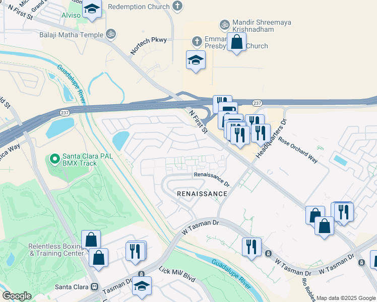 map of restaurants, bars, coffee shops, grocery stores, and more near 551 Southbay Drive in San Jose