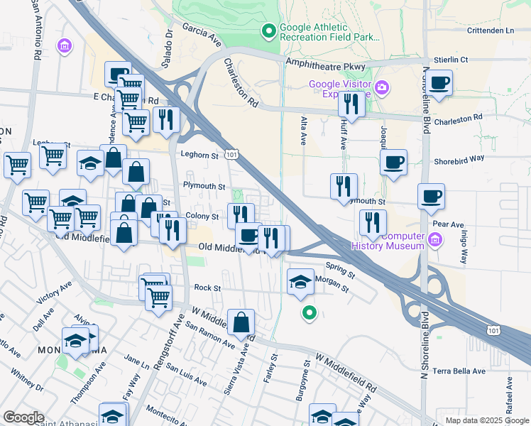 map of restaurants, bars, coffee shops, grocery stores, and more near 1908 Newbury Drive in Mountain View