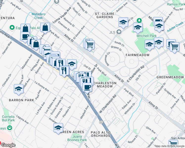 map of restaurants, bars, coffee shops, grocery stores, and more near 317 West Meadow Drive in Palo Alto