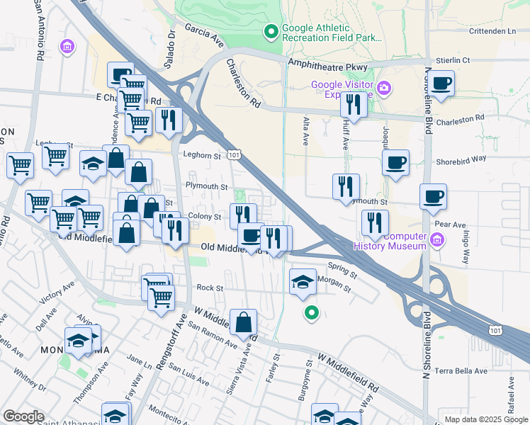 map of restaurants, bars, coffee shops, grocery stores, and more near 1912 Newbury Drive in Mountain View