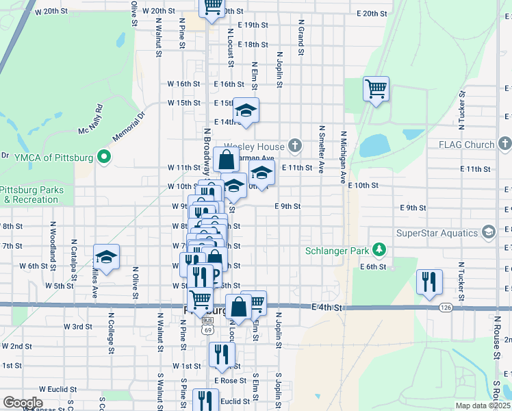 map of restaurants, bars, coffee shops, grocery stores, and more near 301 East 9th Street in Pittsburg