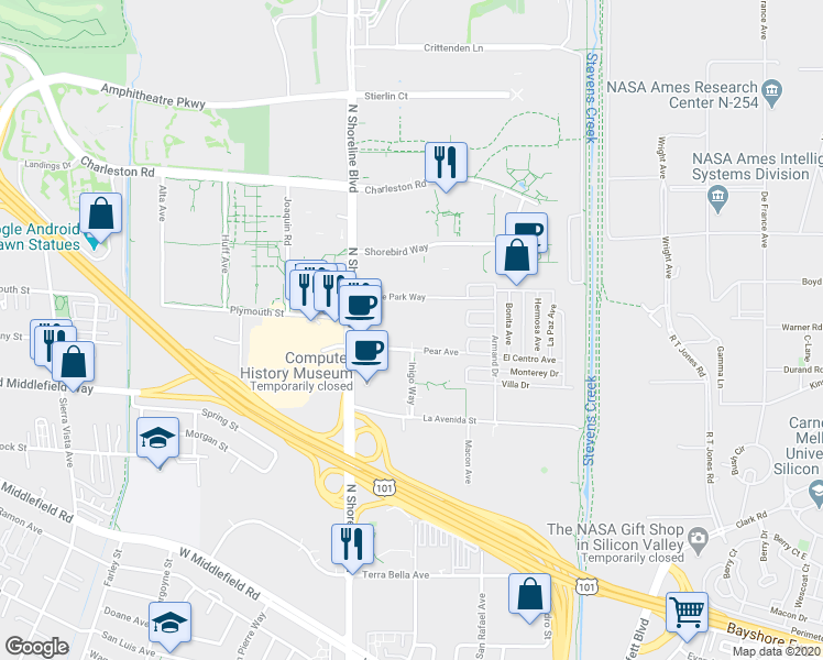 map of restaurants, bars, coffee shops, grocery stores, and more near 1288 Pear Avenue in Mountain View