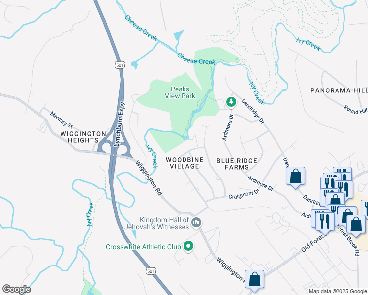 map of restaurants, bars, coffee shops, grocery stores, and more near 1430 Tenbury Drive in Lynchburg