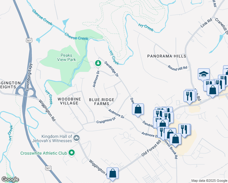 map of restaurants, bars, coffee shops, grocery stores, and more near 1101 Ashley Dr in Lynchburg