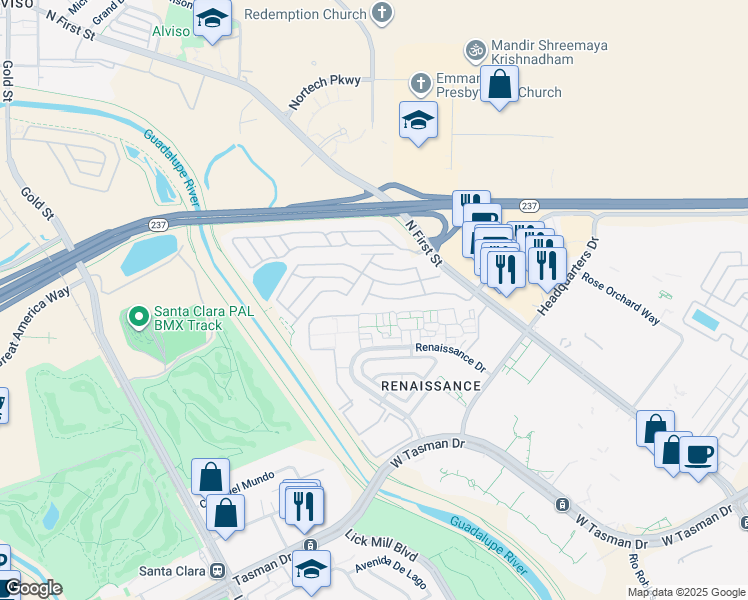 map of restaurants, bars, coffee shops, grocery stores, and more near 543 Southbay Drive in San Jose