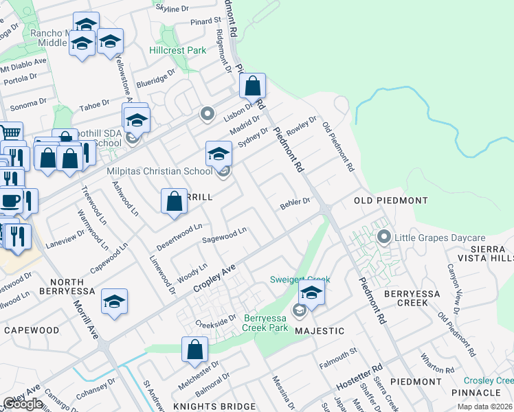 map of restaurants, bars, coffee shops, grocery stores, and more near 2059 Minto Drive in San Jose