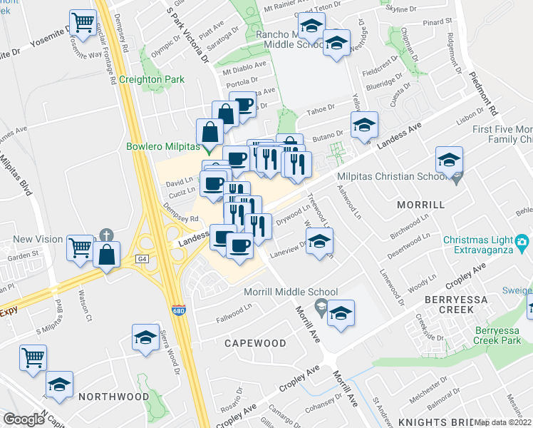 map of restaurants, bars, coffee shops, grocery stores, and more near 3127 Drywood Lane in San Jose