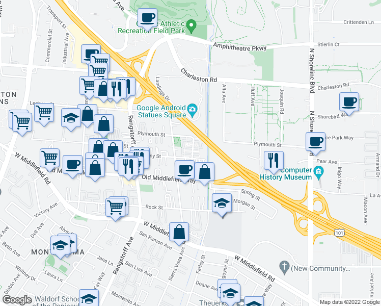 map of restaurants, bars, coffee shops, grocery stores, and more near 1912 Newbury Drive in Mountain View