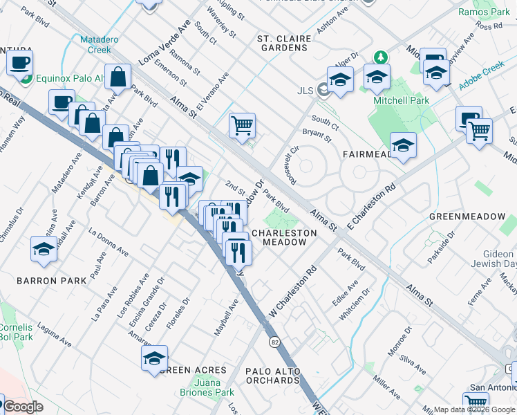 map of restaurants, bars, coffee shops, grocery stores, and more near 317 West Meadow Drive in Palo Alto