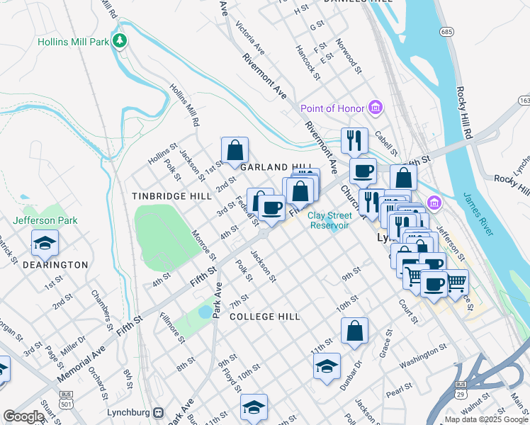 map of restaurants, bars, coffee shops, grocery stores, and more near 409 Harrison Street in Lynchburg