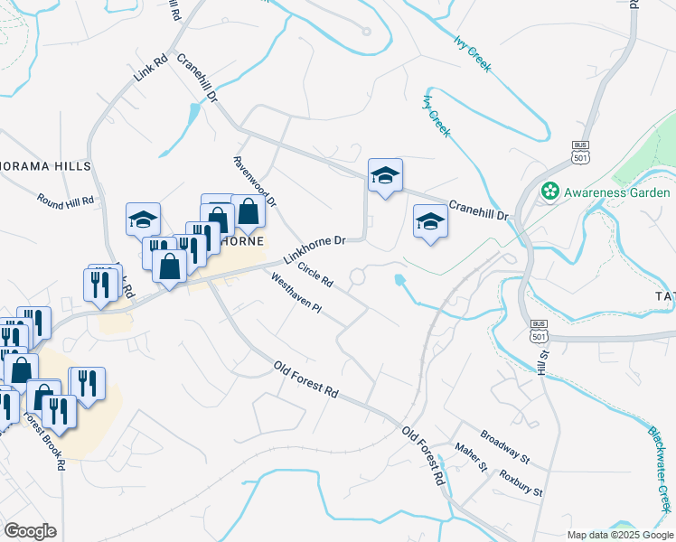 map of restaurants, bars, coffee shops, grocery stores, and more near 107 Village Park Court in Lynchburg