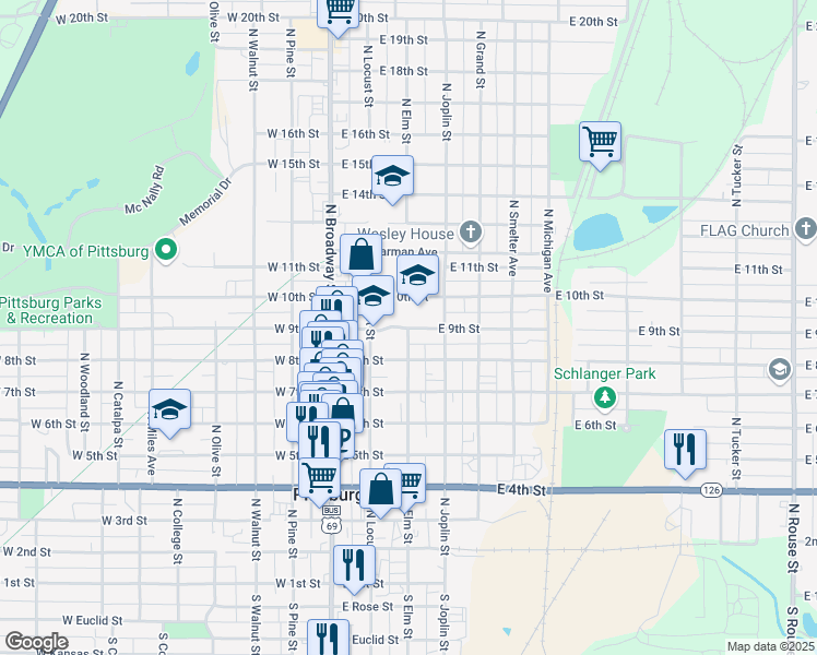 map of restaurants, bars, coffee shops, grocery stores, and more near 301 East 9th Street in Pittsburg