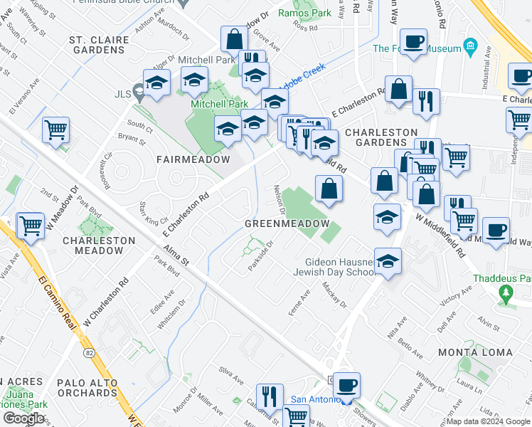 map of restaurants, bars, coffee shops, grocery stores, and more near 391 Creekside Drive in Palo Alto