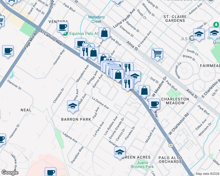 map of restaurants, bars, coffee shops, grocery stores, and more near 542 Military Way in Palo Alto