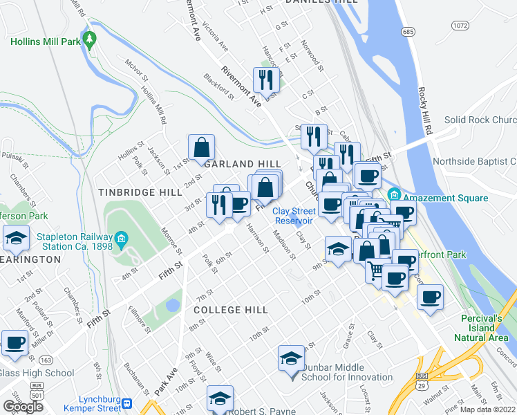 map of restaurants, bars, coffee shops, grocery stores, and more near Fifth St & Madison St in Lynchburg