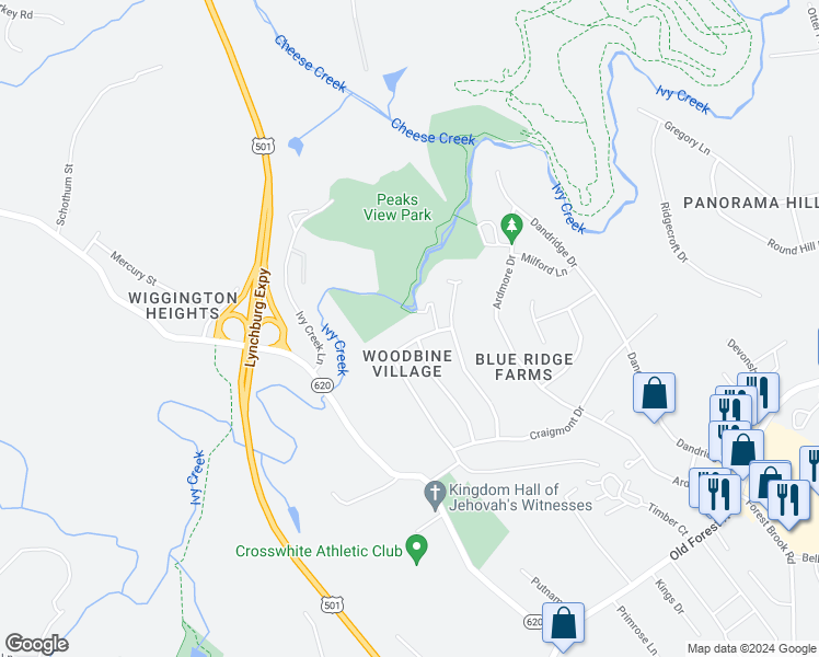 map of restaurants, bars, coffee shops, grocery stores, and more near 1426 Tenbury Drive in Lynchburg