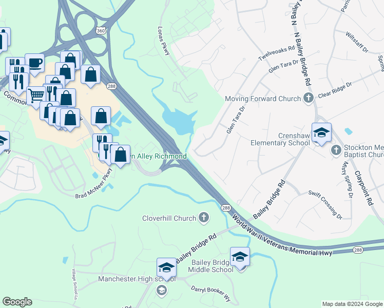 map of restaurants, bars, coffee shops, grocery stores, and more near 5135 Glen Tara Drive in Midlothian