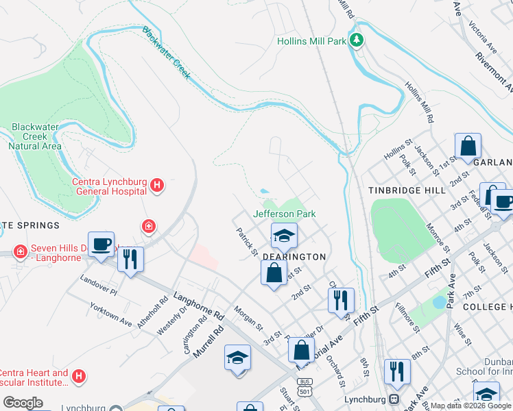map of restaurants, bars, coffee shops, grocery stores, and more near 408 North York Street in Lynchburg