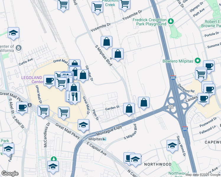 map of restaurants, bars, coffee shops, grocery stores, and more near 598 Gibraltar Drive in Milpitas
