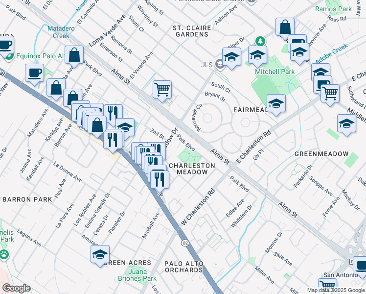map of restaurants, bars, coffee shops, grocery stores, and more near 4114 Park Boulevard in Palo Alto