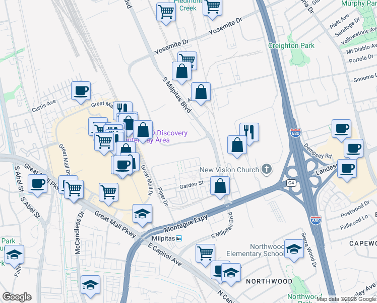 map of restaurants, bars, coffee shops, grocery stores, and more near 598 Gibraltar Drive in Milpitas