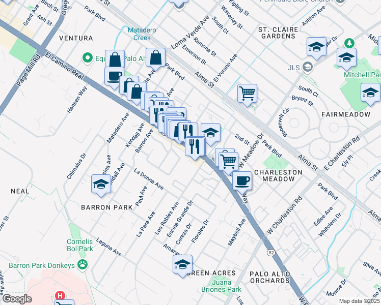 map of restaurants, bars, coffee shops, grocery stores, and more near 3898 Magnolia Drive in Palo Alto