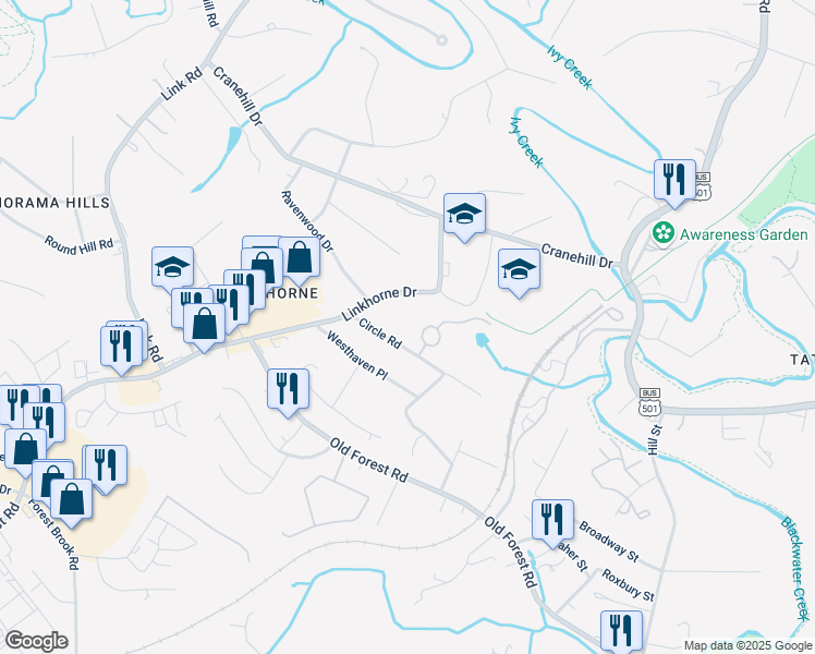 map of restaurants, bars, coffee shops, grocery stores, and more near 107 Village Park Court in Lynchburg