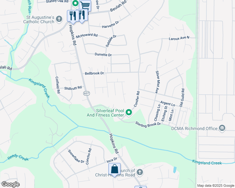 map of restaurants, bars, coffee shops, grocery stores, and more near 7633 Port Leon Road in Richmond