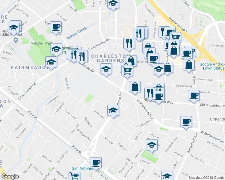 map of restaurants, bars, coffee shops, grocery stores, and more near 4151 Byron Street in Palo Alto