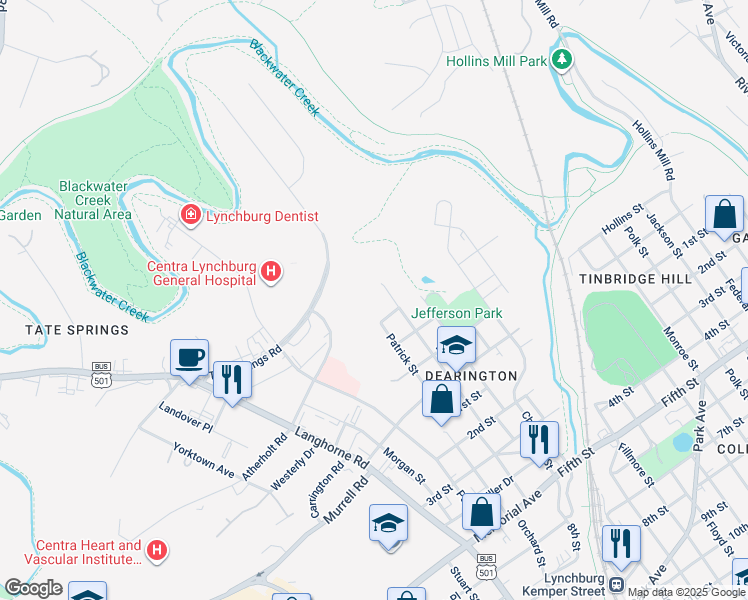 map of restaurants, bars, coffee shops, grocery stores, and more near 1908 Gatlin Street in Lynchburg