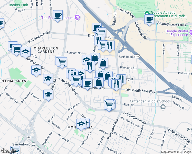 map of restaurants, bars, coffee shops, grocery stores, and more near 837 Independence Avenue in Mountain View
