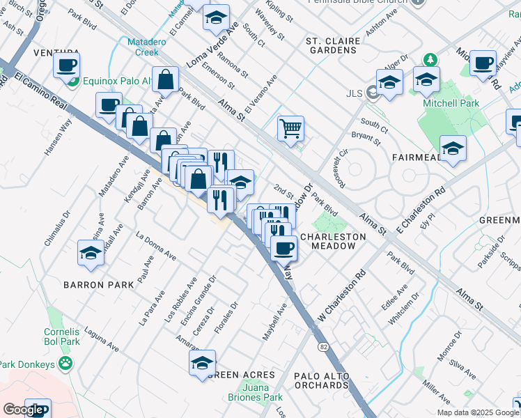 map of restaurants, bars, coffee shops, grocery stores, and more near 457 Jacobs Court in Palo Alto