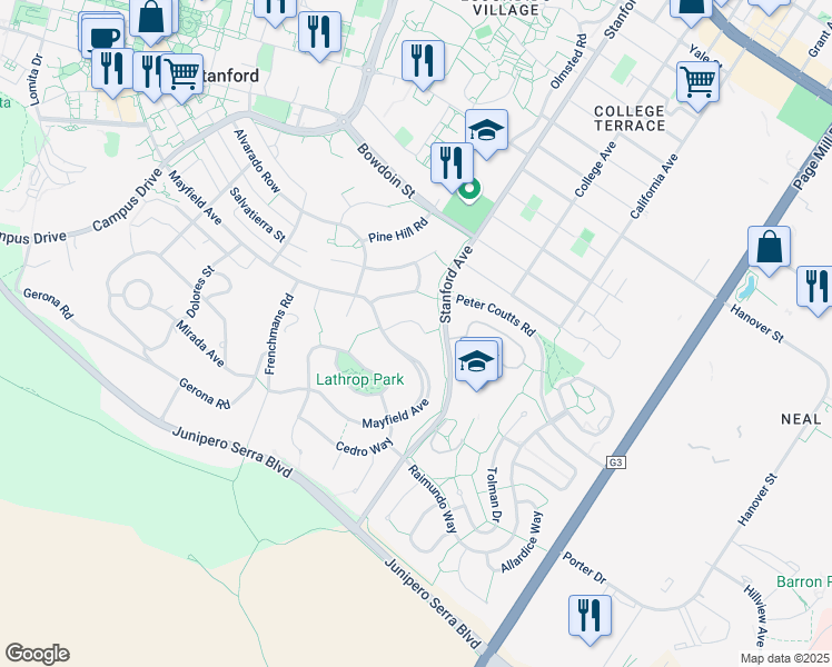 map of restaurants, bars, coffee shops, grocery stores, and more near 850 Sonoma Terrace in Stanford