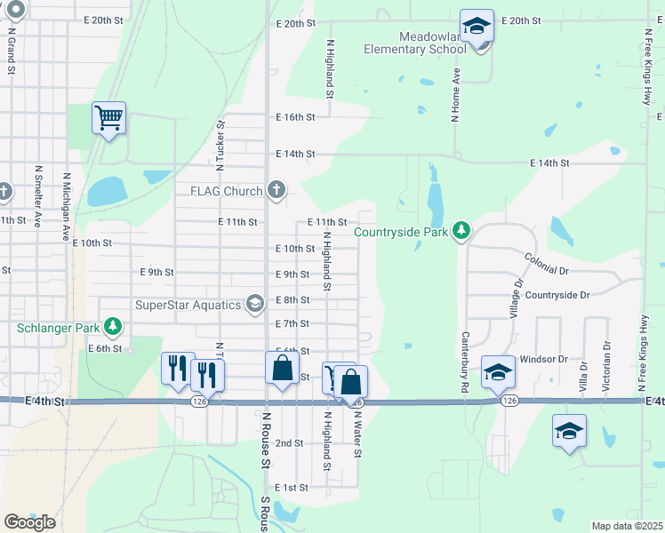 map of restaurants, bars, coffee shops, grocery stores, and more near 1305 East 9th Street in Pittsburg
