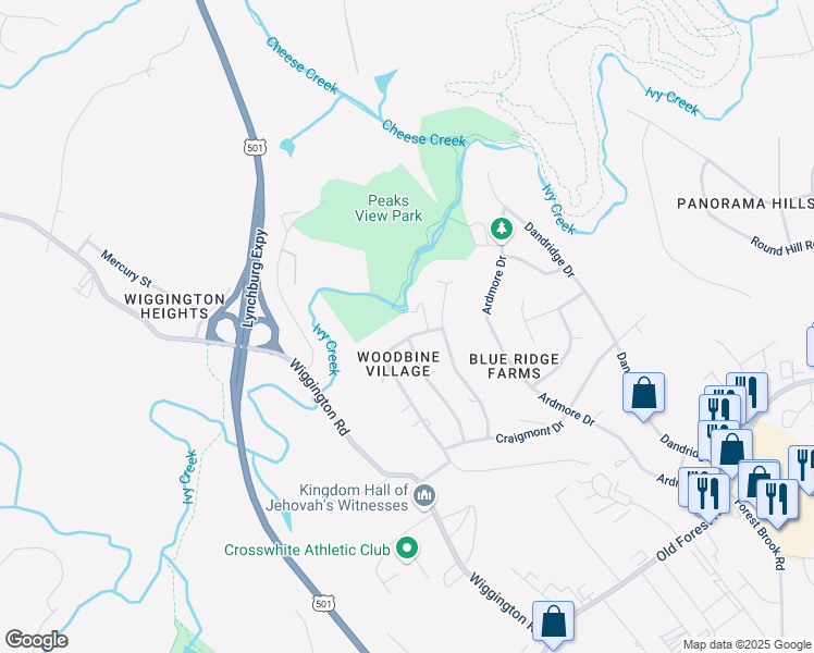 map of restaurants, bars, coffee shops, grocery stores, and more near 1418 Tenbury Drive in Lynchburg