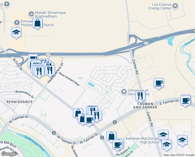 map of restaurants, bars, coffee shops, grocery stores, and more near 626 Hermitage Street in San Jose