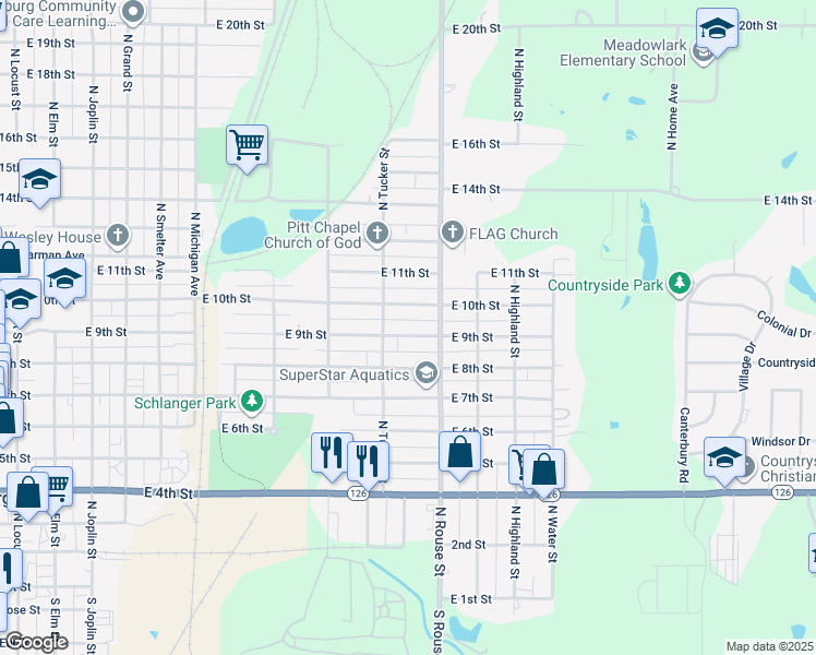 map of restaurants, bars, coffee shops, grocery stores, and more near 1011 East 9th Street in Pittsburg