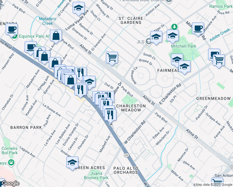 map of restaurants, bars, coffee shops, grocery stores, and more near 315 West Meadow Drive in Palo Alto